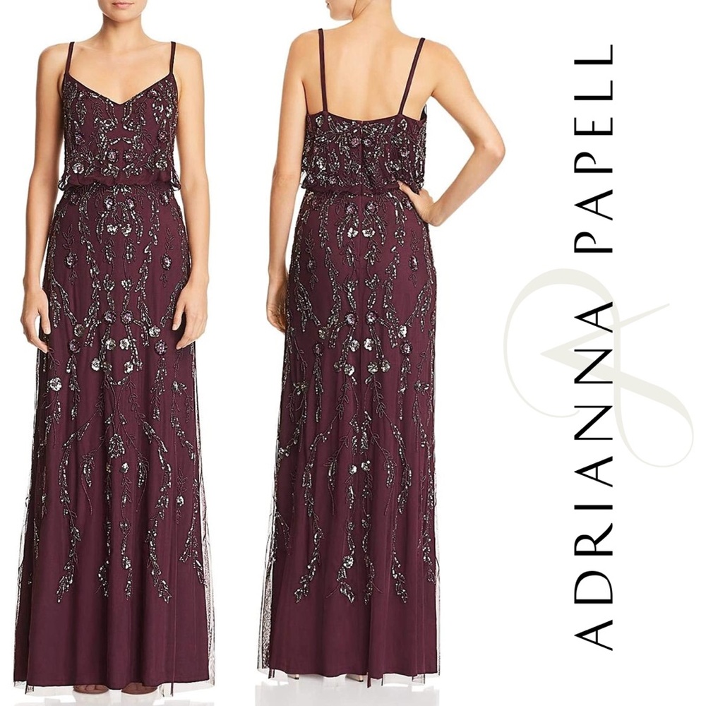 Adrianna Papell Women's Spaghetti Strap Floral Beaded Blouson Dress sz2